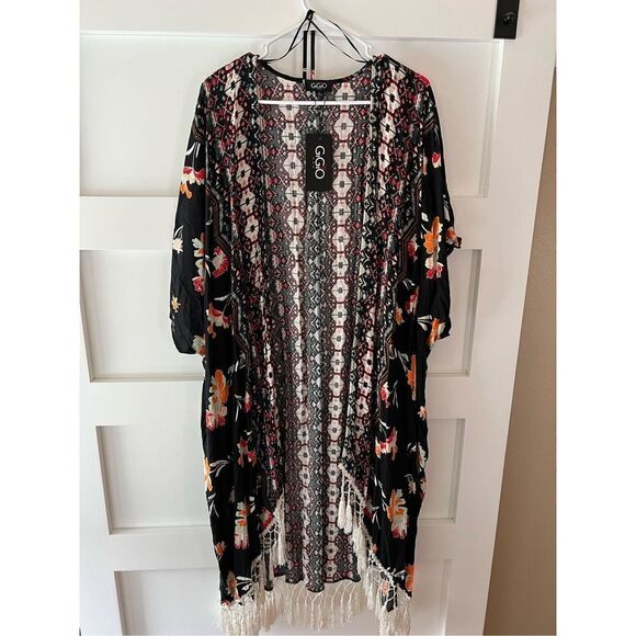 New GiGio Dreams Come True Kimono black and bright floral pattern with fringe sw - Picture 7 of 13